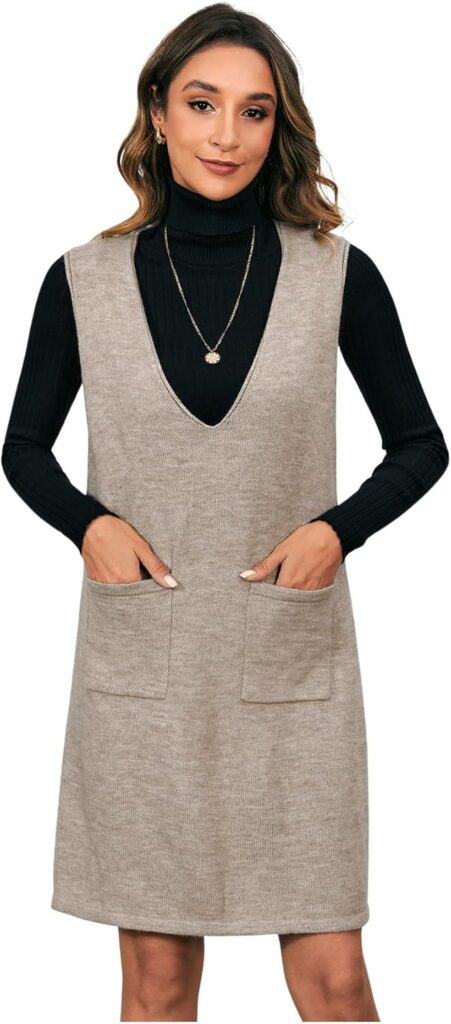 OYOANGLE Women's V Neck Sleeveless Knitted Solid Short Sweater Dress with Pockets