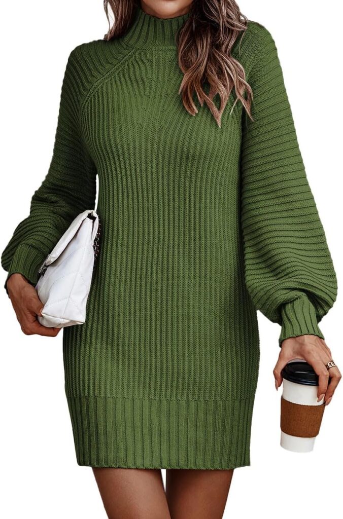 LILLUSORY Women's Mock Turtleneck Sweater Dress Trendy Pullover Puff Sleeve Fall Dress Knit Winter Outfits