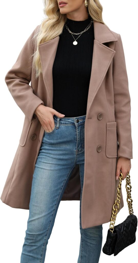 Bankeng Women Winter Wool Blend Camel Mid-Long Coat Notch Double-Breasted Lapel Jacket Outwear