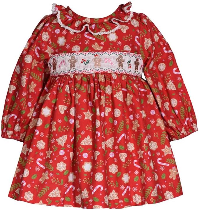 Bonnie Jean Christmas Gingerbread Dress - Red Smocked Holiday Dress for Baby and Little Girls