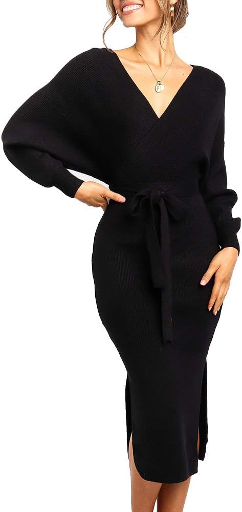 Chang Yun Women's Long Maxi Sweater Dresses Sexy Wrap Batwing V Neck Slit Open Back Holiday Bodycon Dress with Belt