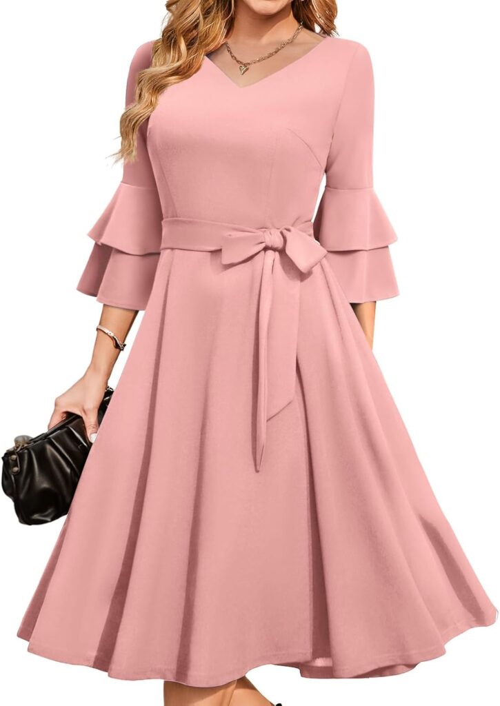 DRESSTELLS Cocktail Dress 2024, Long Bell Sleeves & V-Neck, Formal Guest Dresses for Holiday Party