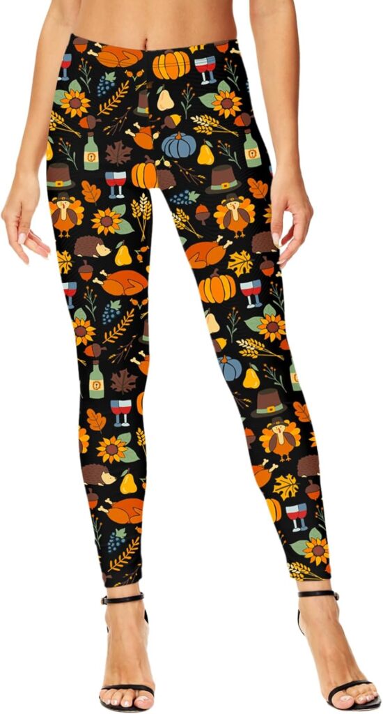 Deerose Women Thanksgiving Leggings Turkey Day Pumpkin High Waist Tight Pants