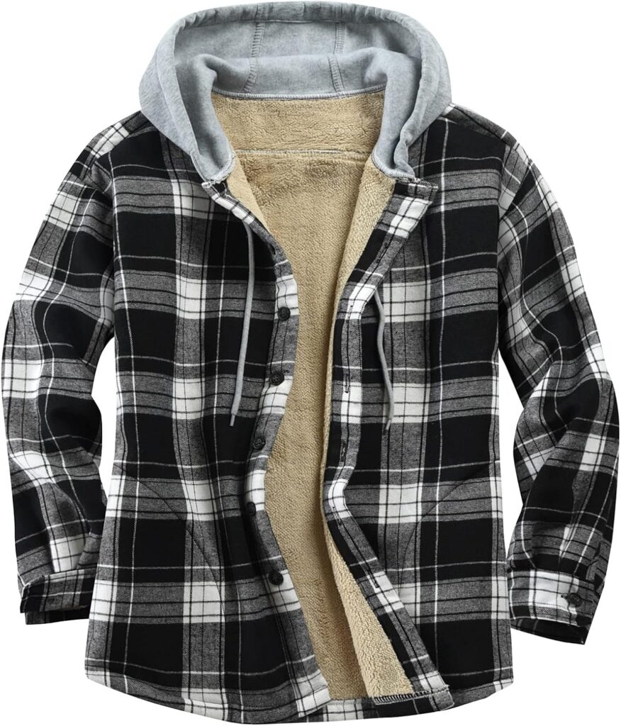 Derbars Men's Cotton Plaid Shirts Jacket Fleece Lined Flannel Shirts Sherpa Button Down Jackets with Hood for Men