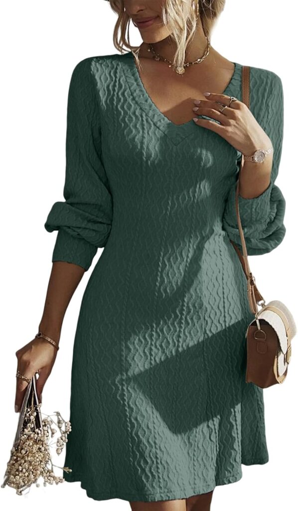 Dokotoo Work Dresses for Women 2024 Trendy Fall Dresses V Neck Knit A Line Long Sleeve Dress Sweater Dress