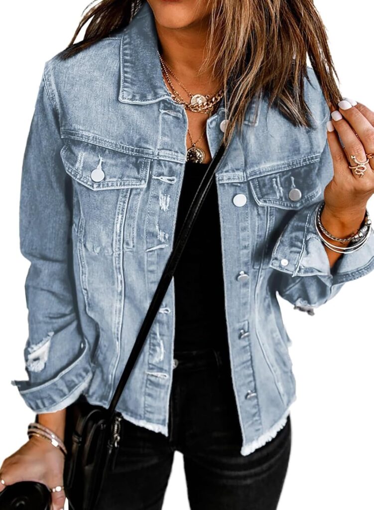 EVALESS Womens Boyfriend Washed Crop Denim Jean Jacket Coat