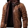 FLAVOR Men Brown Leather Motorcycle Jacket with Removable Hood