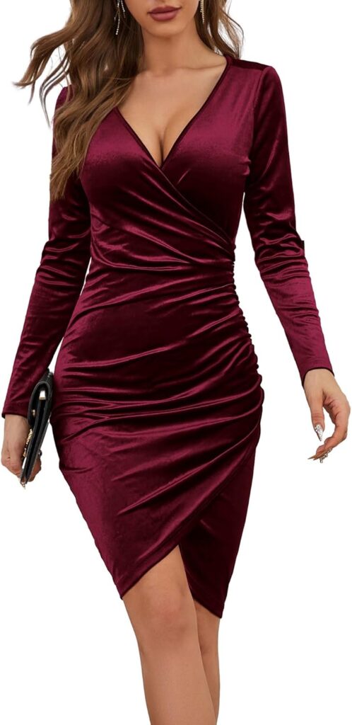 GUBERRY Womens Wrap V Neck Long Sleeve Velvet Bodycon Ruched Cocktail Party Wedding Guest Dress