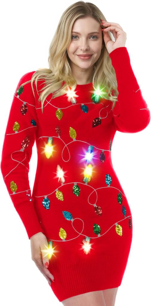 Giggling Getup Womens Light Up Ugly Christmas Sweater Dress with Colorful Light Up Bulb, Sweater Dresses for Women