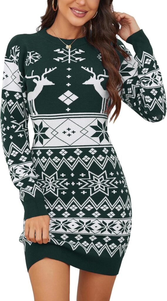 KOJOOIN Women's Cute Christmas Sweater Dress Long Sleeve Crew Neck Elk Floral Printed Oversized Pullover Tunic Tops