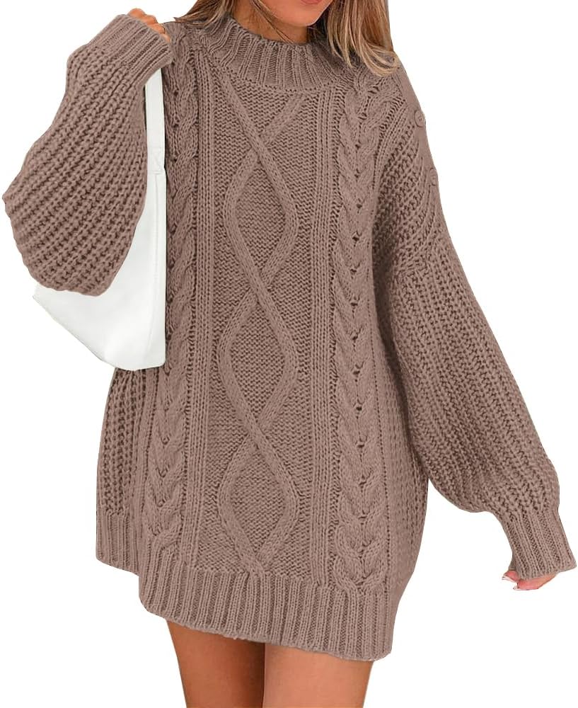 LILLUSORY Women's Crewneck Oversized Sweater Dress 2024 Fall Fashion Cable Knit Long Sleeve Dresses Chunky Pullover Tops