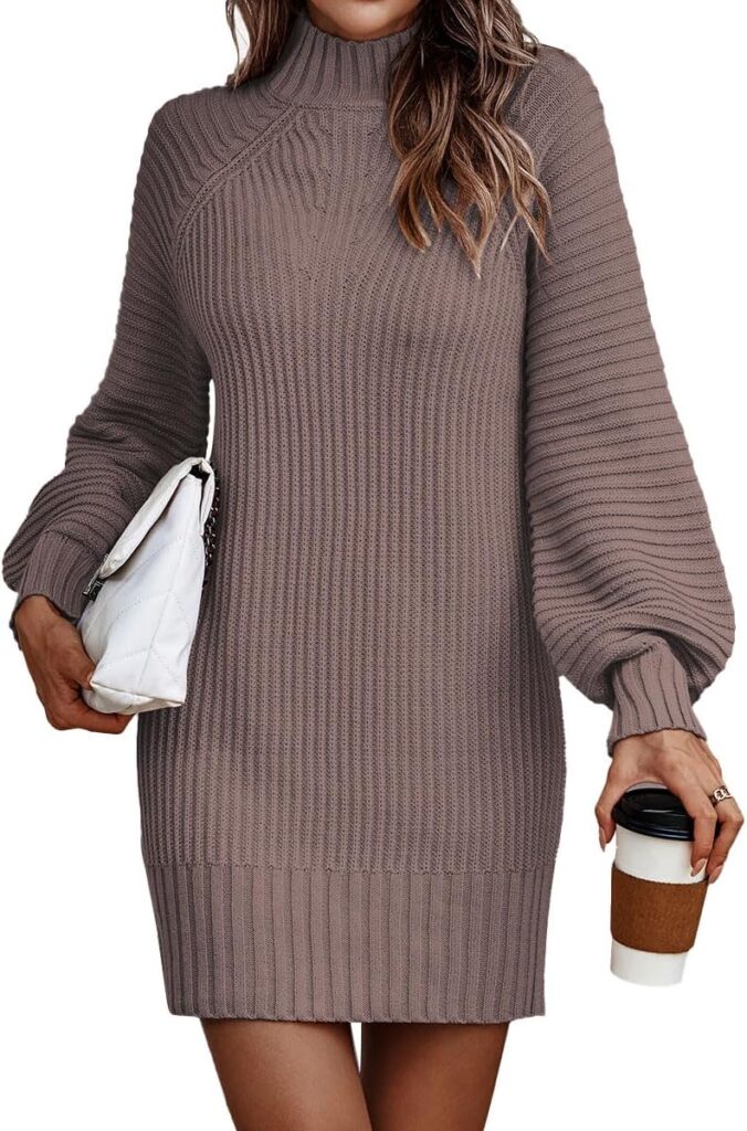 LILLUSORY Women's Mock Turtleneck Sweater Dress Trendy Pullover Puff Sleeve Fall Dress Knit Winter Outfits