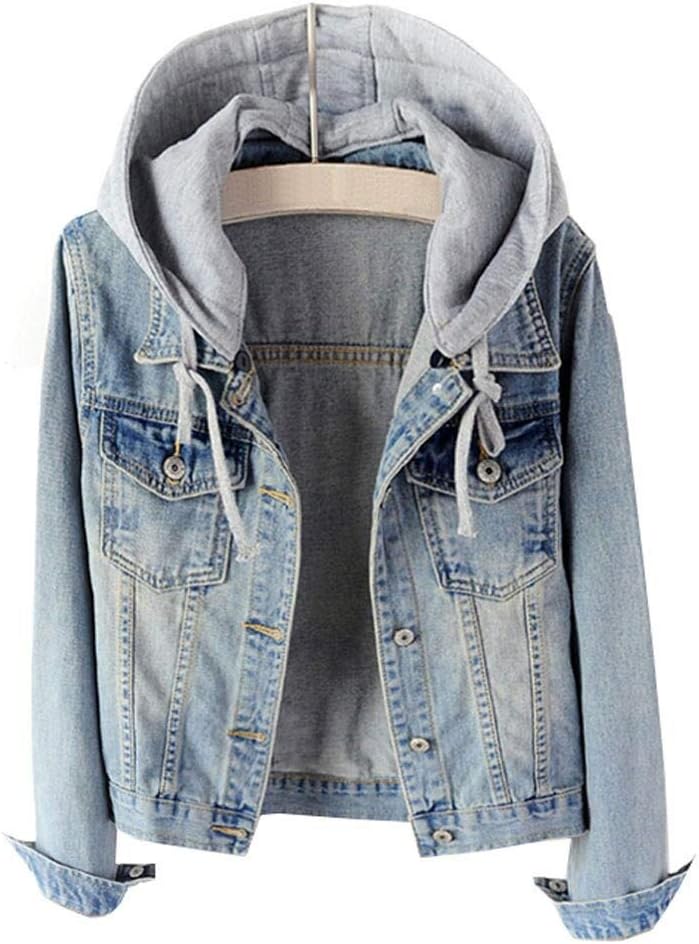 LifeShe Women's Casual Detachable Hoodie Denim Jacket