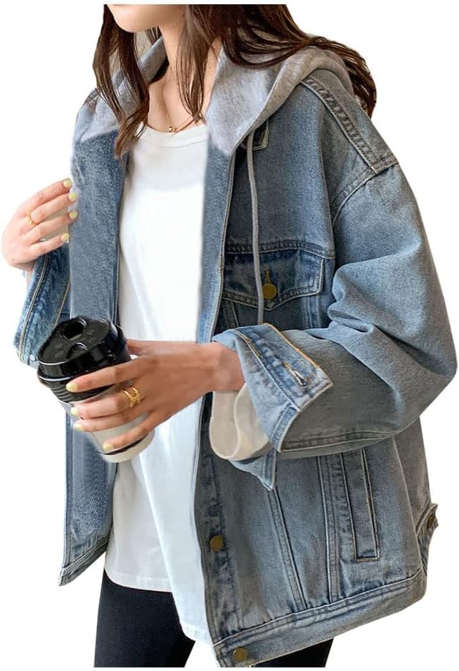 LifeShe Women's denim jacket with hood oversized distressed jean jackets hoodie