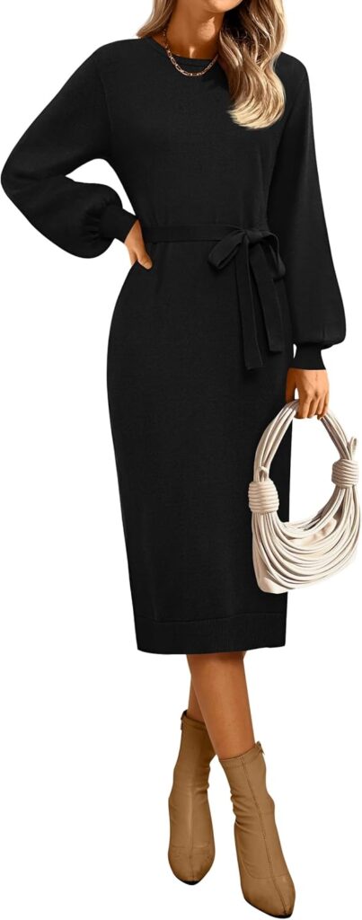 MIROL Women's 2024 Fall Sweater Dress Crew Neck Long Puff Sleeve Tie Waist Knit Midi Dress with Belt