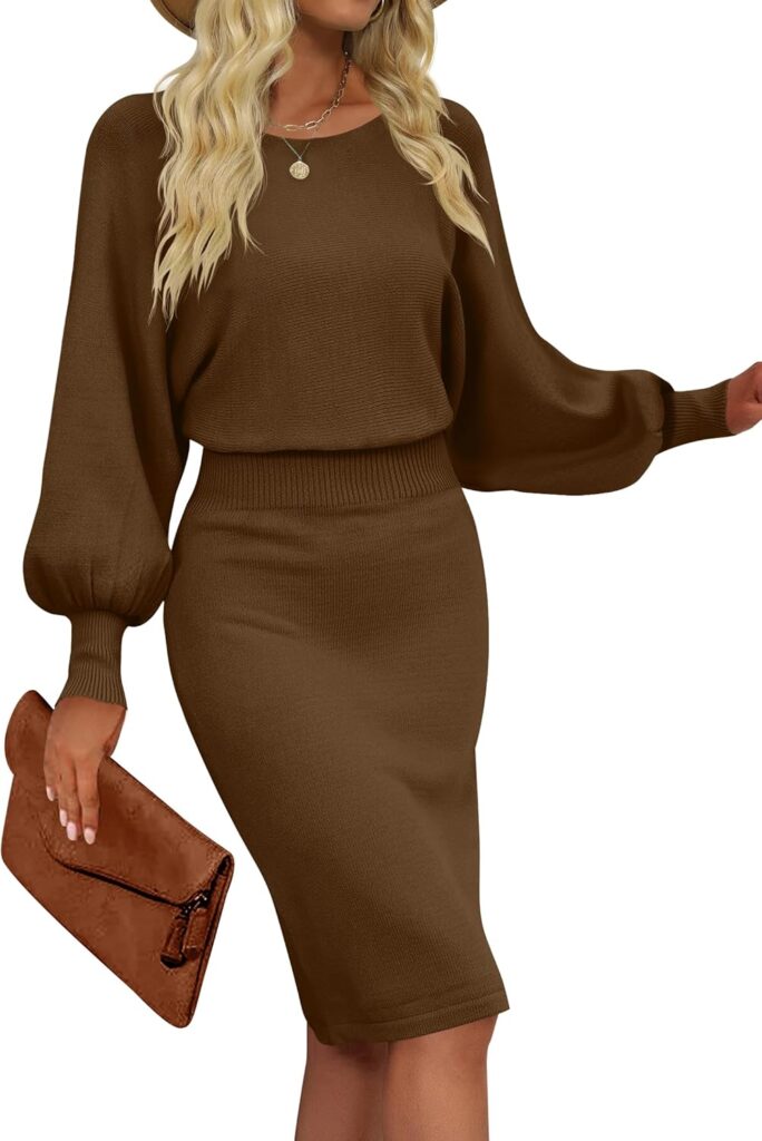 MIROL Women's Casual 2023 Long Puff Sleeve Solid Bodycon Midi Dress Ribbed Knit Oversized Pullover Sweater Dress