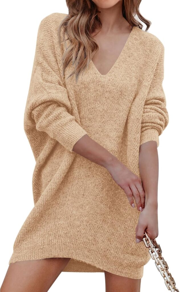 PRETTYGARDEN Women's Pullover Sweater Dress Casual Long Sleeve Ribbed Knit V Neck Loose Oversized Sweaters Dresses