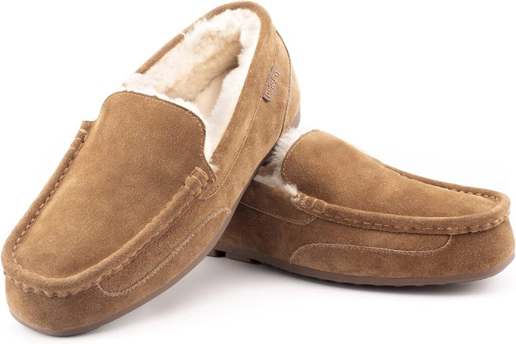 Parfeying Men's Indoor Outdoor Sheepskin Moccasins Slippers Memory Foam Driving Style Shoes