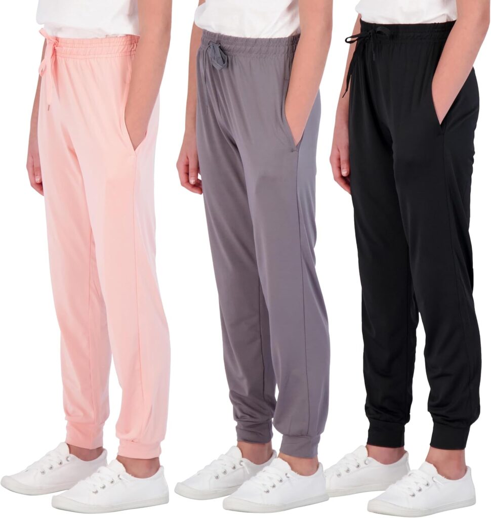 Real Essentials 3 Pack: Girls' Dry-Fit Jogger Sweatpants Soft Active Athletic Kids Joggers with Pockets & Drawstring