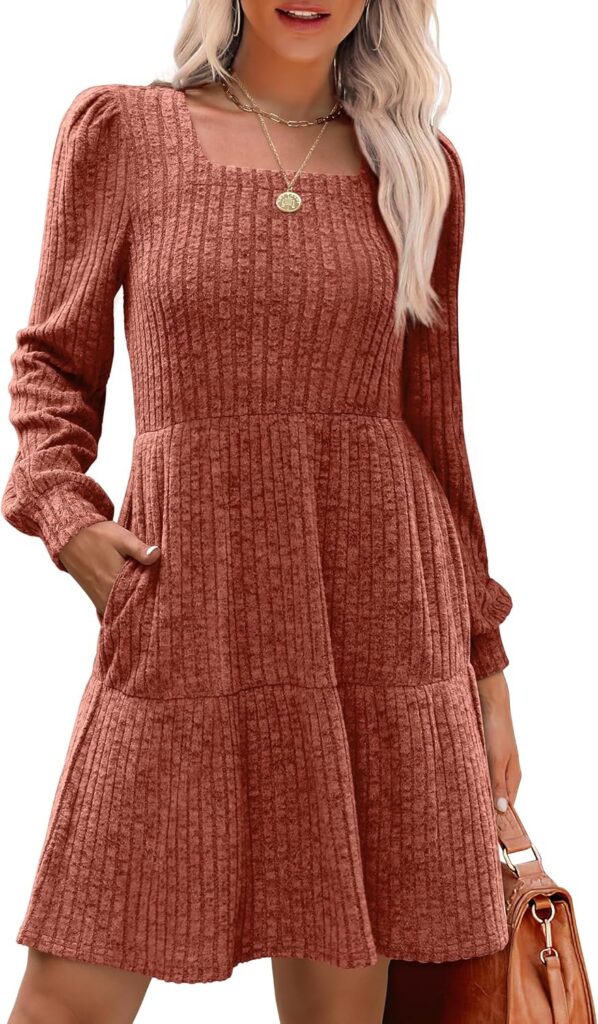 SAMPEEL Womens Square Neck Long Sleeve Fall Dresses Casual Babydoll Sweater Dress