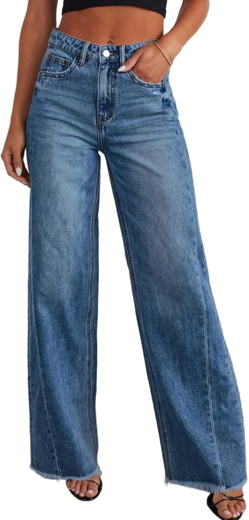 Sidefeel Women's Wide Leg Jeans High Waisted Strechy Raw Hem Denim Pants