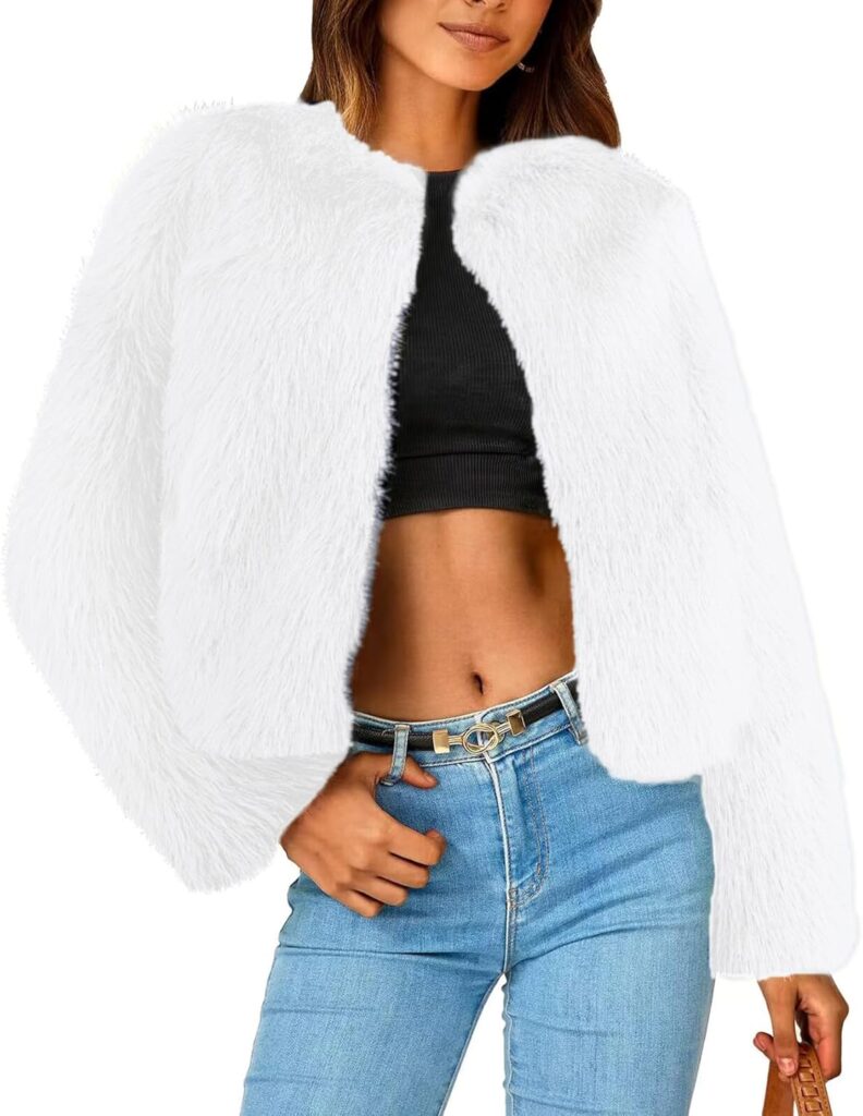 Simplee Women's Faux Fur Coat Furry Cropped Jacket Long Sleeve Warm Open Front Fur Jackets