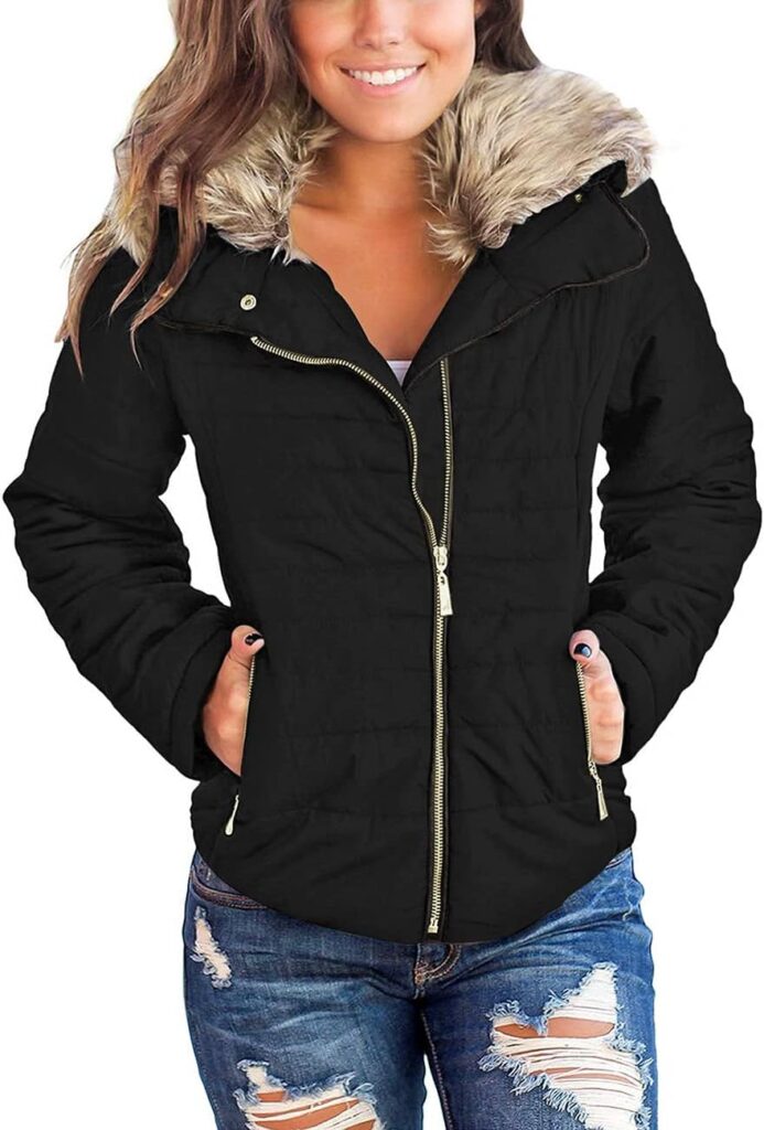 Vetinee Women Casual Faux Fur Lapel Zip Pockets Quilted Parka Jacket Puffer Coat