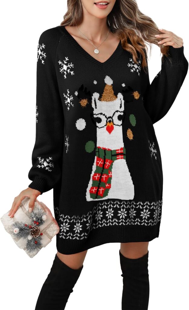 Women's Ugly Christmas V Neck Oversize Sweater Dress Long Sleeve Loose Holiday Knit Xmas Mini Dress.