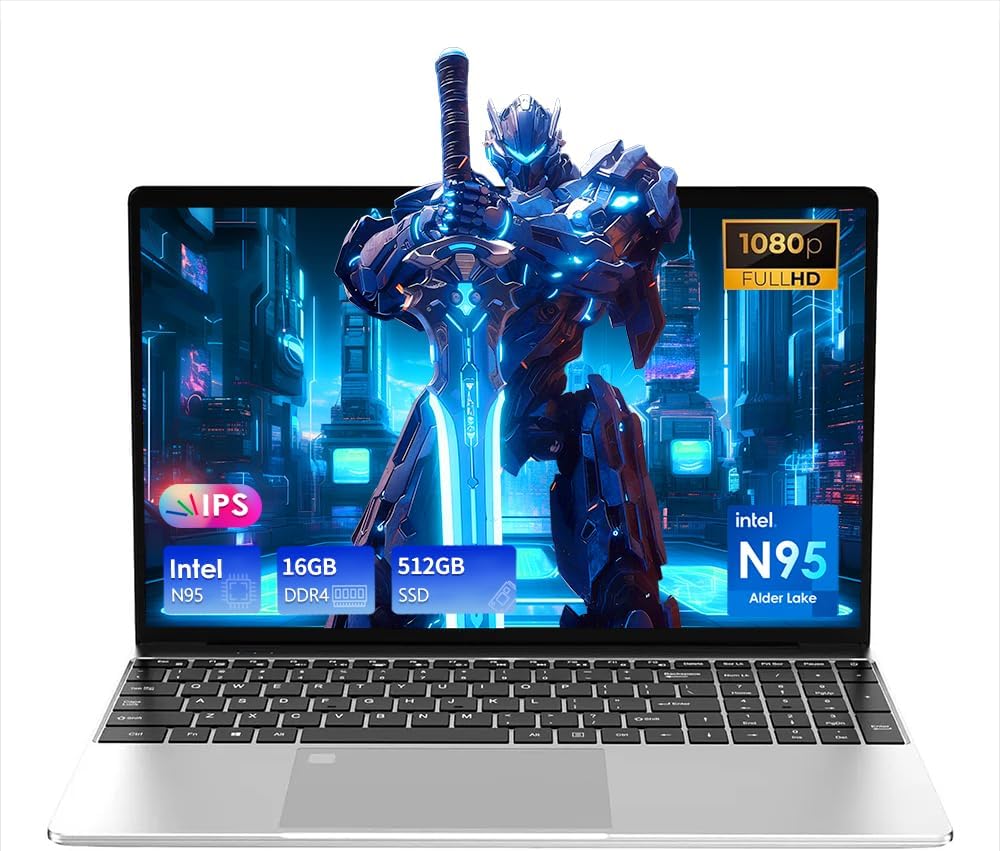 15.6" Laptop Computer, 16GB RAM, 512GB SSD, FHD 1920x1080, Quad-Core Intel 12th Gen N95 Processor, Traditional Laptops, Backlit Keyboard,HD Camera, Fingerprint Reader Unlock Silver