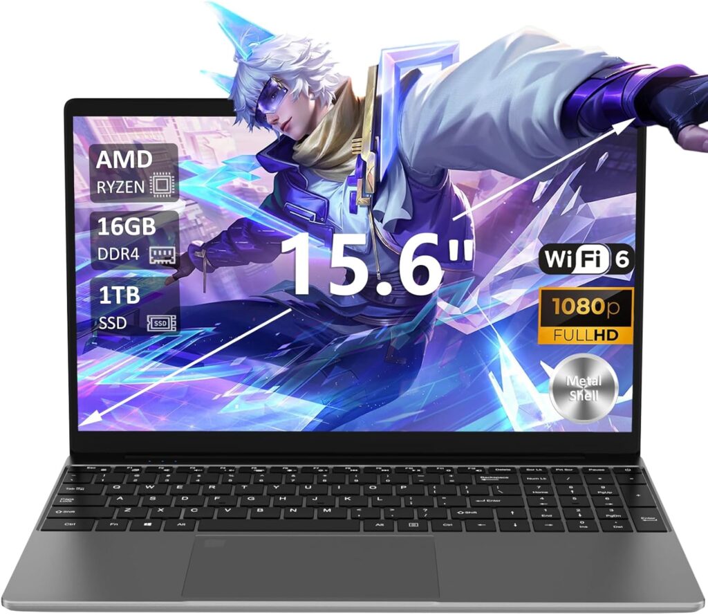 15.6" Laptop Computer,Metal Shell,Gaming Laptops with FHD IPS Display,AMD Ryzen7 5700U Octa-Core Processor,16GB LPDDR4,1TB PCIe SSD,Fingerprint Reader,Backlit Keyboard,Webcam,WiFi 6,Grey