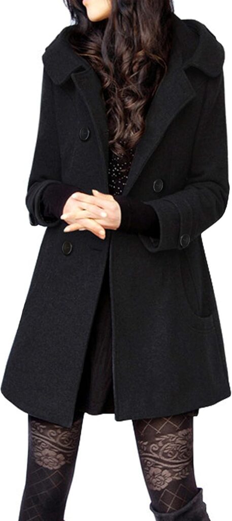 Tanming Women's Warm Double Breasted Wool Pea Coat Trench Coat Jacket with Hood