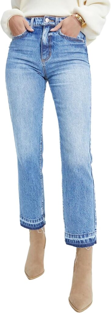 Astylish Womens High Waisted Straight Leg Ankle Jeans Casual Stretch Denim Pants