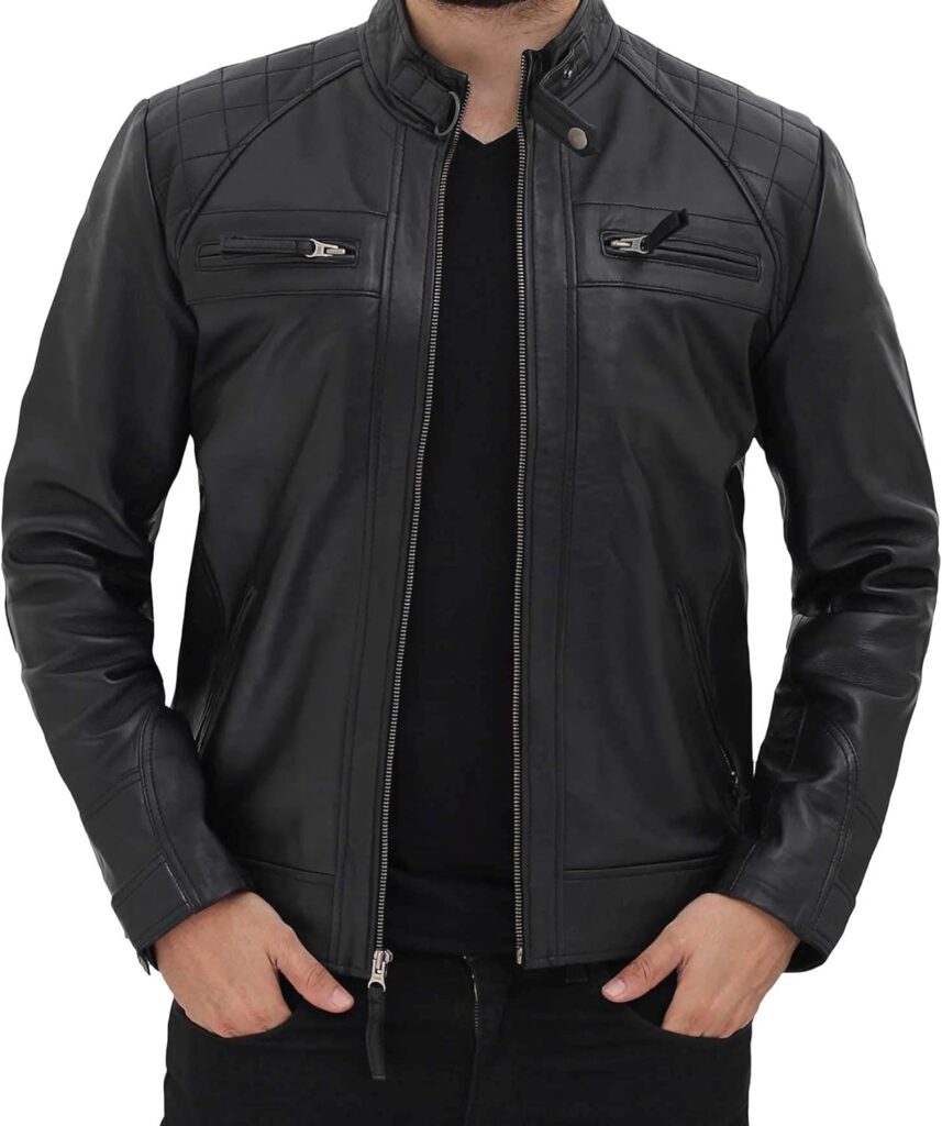 fjackets Real Lambskin Leather Biker Jacket - Quilted Cafe Racer Zip Up Moto Jackets Men