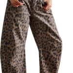 Kedera Women's Baggy Barrel Jeans Casual Boyfriend Mid Rise Leopard Printed Wide Leg Denim Ankle Pants