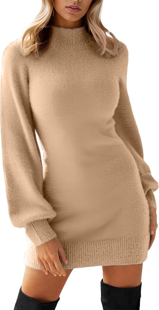 GRECERELLE Women's Mock Neck Ribbed Long Sleeve Bodycon Pullover Cute Mini Sweater Dress