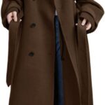 chouyatou Women's Winter Double Breasted Wool Coat Long Sleeve Notch Lapel Midi Long Winter Trench Coat with Belt