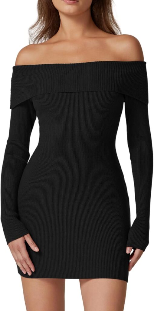 QINSEN Women's Off The Shoulder Ribbed Knit Sweater Dress Folded Neck Long Sleeve Mini Dress 2024 Trendy Fall Outfits