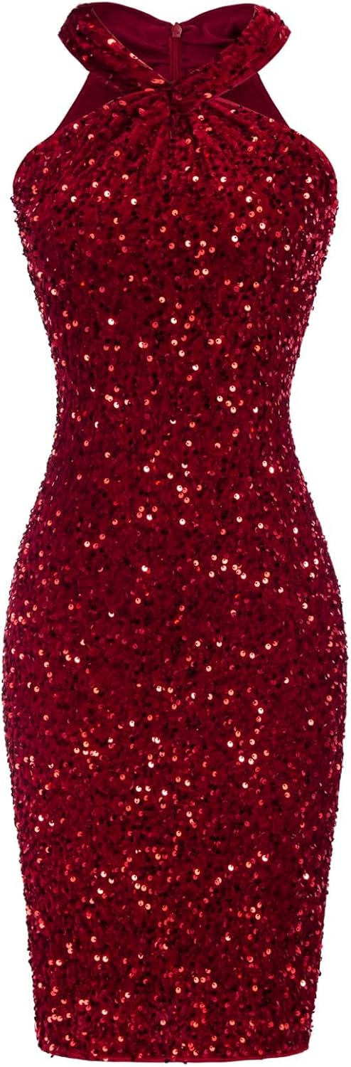 GRACE KARIN Sequin Dress for Women Sleeveless Sparkly Glitter Halter Dress Bodycon Mini Club Dresses 2024