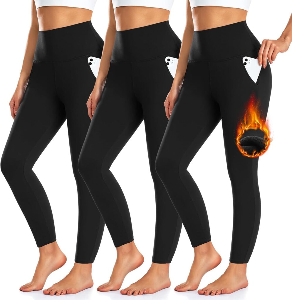 3 Pack Fleece Lined Leggings Women with Pockets -Warm Winter Yoga Pants for Women Thermal Running Workout Leggings