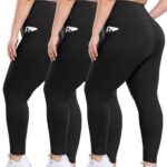 3 Pack Plus Size Leggings with Pockets for Women - High Waisted Tummy Control Spandex Soft Black Workout Yoga Pants