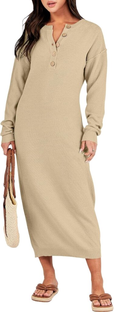 ANRABESS Women Long Sleeve Button V Neck Oversized Casual Loose Fit Waffle Knit Fall Midi Sweater Dress 2024 Trendy Outfits