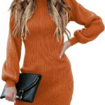 ANRABESS Women Long Sleeve Turtle Mock Neck Rib Knit Stretch Slim Fitted Bodycon Sweater Mini Short Dress 2024 Fall Outfits