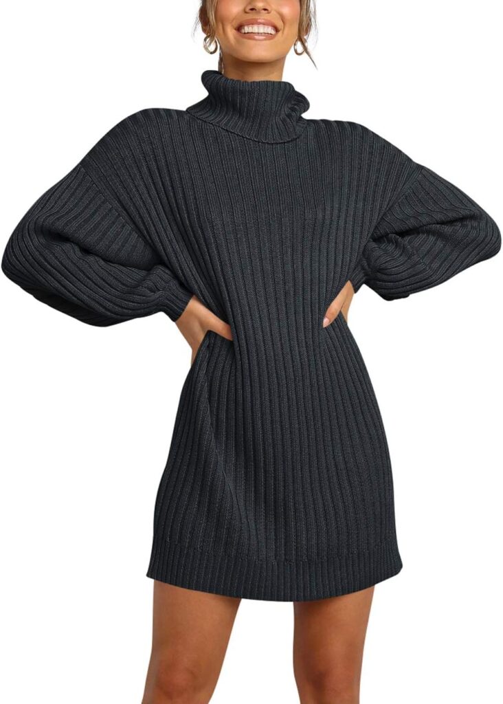 ANRABESS Women Oversized Sweater Dress Turtleneck Batwing Long Sleeve Ribbed Knit Loose 2024 Fall Winter Casual Short Dress