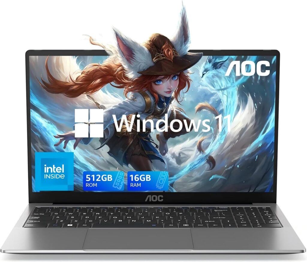 AOC 15.6" Laptop, Intel Quad-Core Processor (Up to 3.6GHz), 16GB RAM, 512GB SSD, Windows 11 Laptops Computer, FHD Screen, Webcam, Light&Thin, Metal Shell, HDMI, Type-C, USB3.2 (2024 Flagship)