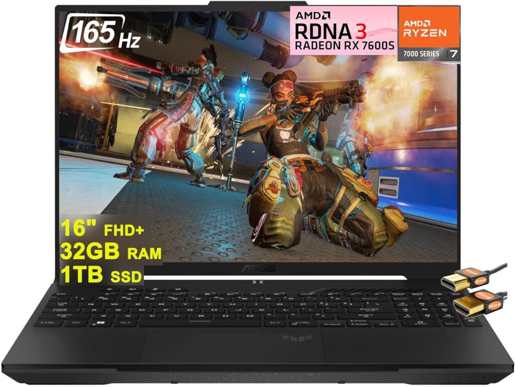 ASUS TUF Gaming A16 Laptop 16" FHD+ 165Hz 7ms 100% sRGB AMD Octa-core Ryzen 7 7735HS 32GB RAM 1TB SSD Radeon RX 7600S 8GB Graphics (>RTX 4060) Backlit USB-C USB4 Fast Charging Win11 +HDMI Cable