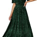 Amegoya Women's Velvet Short Sleeve V Neck Formal Wedding Guest Maxi Dresses Fall Evening Party Long Dresses