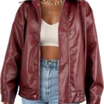 American Trends Leather Jacket Women Bomber Pleather Jacket Oversized Leather Blazer Biker Motorcycle Jacket