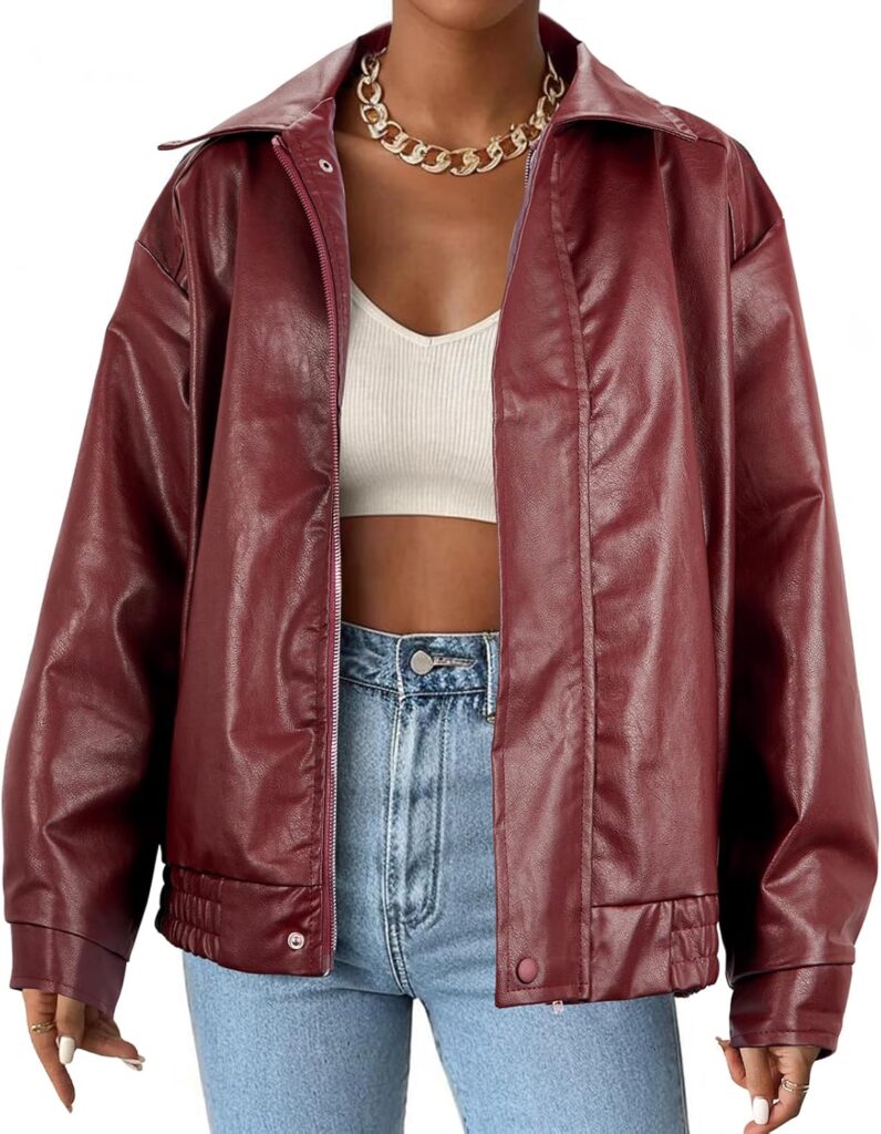 American Trends Leather Jacket Women Bomber Pleather Jacket Oversized Leather Blazer Biker Motorcycle Jacket