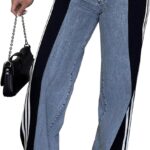 Angsuttc Women’s Jeans with Patchwork Stripes High Waist Loose Denim Color Block Jean Straight Wide Leg Pants