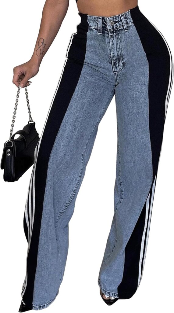 Angsuttc Women’s Jeans with Patchwork Stripes High Waist Loose Denim Color Block Jean Straight Wide Leg Pants